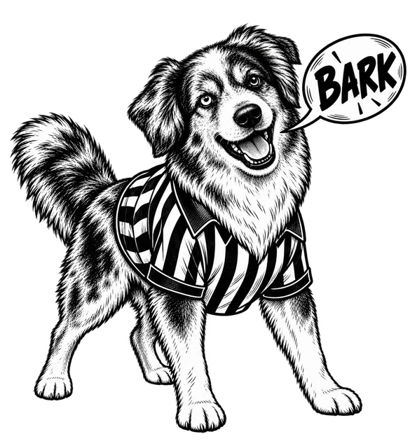 Buddy barking with a BARK speech bubble, with all four paws visible